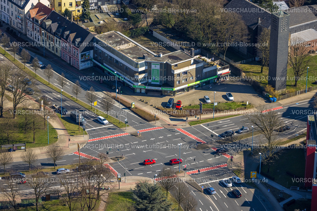 Velbert240301633 | Luftbild, Straßenkreuzung Rheinlandstraße und Berliner Straße mit Radwegmarkierung, Velbert, Ruhrgebiet, Nordrhein-Westfalen, Deutschland