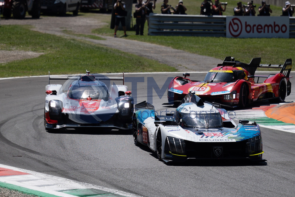 Trainproduction-20230709-0005 | MONZA,ITALY,09.Jul.23 - MOTORSPORTS - WEC, FIA World Endurance Championships, 6h of Monza, Autodromo Monza. Image shows Paul Di Resta (GBR), Mikkel Jense (DEN) and Jean-Eric Vergne (FRA/ Peugeot Totalenergies), Mike Conway (GBR), Kamui Kobayashi (JPN) and Jose Maria Lopez (ARG/ Toyota Gazoo Racing) and Antonio Fuoco (ITA), Miguel Molina (ESP) and Nicklas Nielsen (DEN/Ferrari AF Corse).   Photo: Trainproduction / Matthias Trinkl