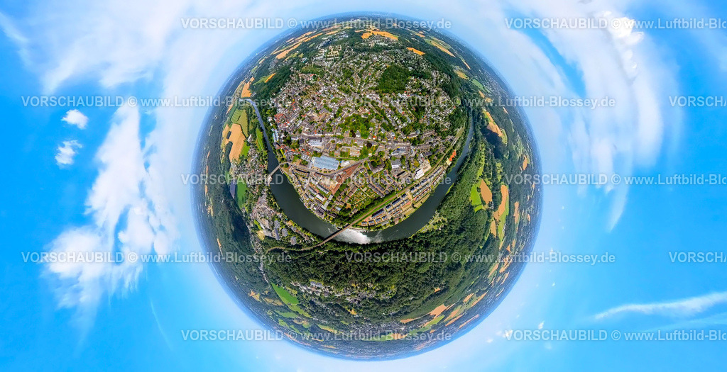 Essen230790240_Kettwig | Luftbild, Ortsansicht Ortsteil Kettwig mit Fluss Ruhr, Erdkugel, Fisheye Aufnahme, Fischaugen Aufnahme, 360 Grad Aufnahme, tiny world, Kettwig, Essen, Ruhrgebiet, Nordrhein-Westfalen, Deutschland