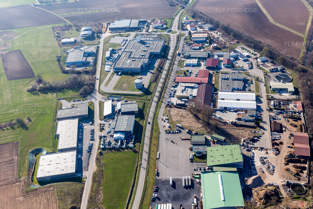 Aerial view: Industrial park and company location in Niedermodern in the state Bas-Rhin, France.Photo: IMG_097488.jpg taken on 03/16/2017 by Werner Riehm/FLY-FOTO.comResolution of the original: 5283 x 3522 px