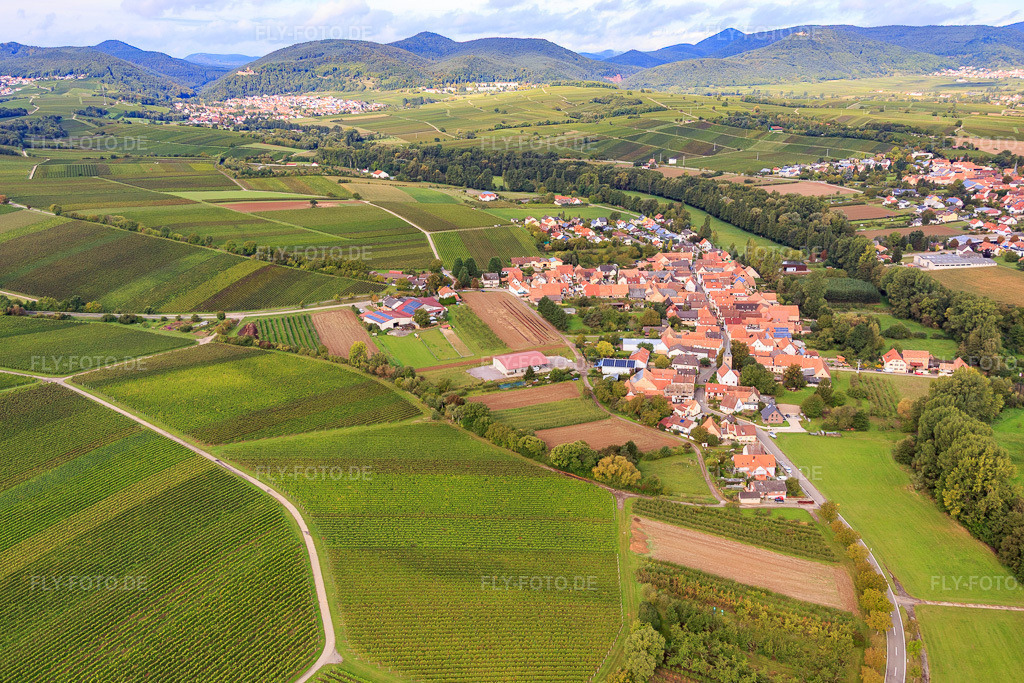 Luftbild: Ortsansicht von Osten im Ortsteil Klingen in Heuchelheim-Klingen im Bundesland Rheinland-Pfalz in Deutschland. Foto: IMG_072574.jpg vom 19.09.2014 durch Werner Riehm/FLY-FOTO.deAuflösung des Originals: 5013 x 3342 px