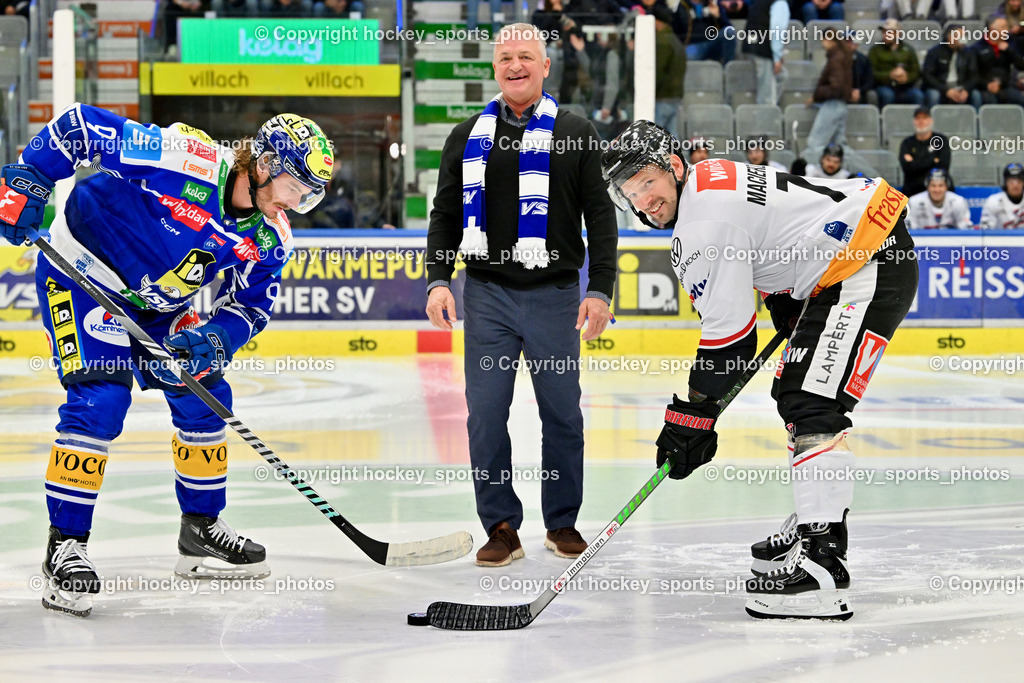 EC IDM Wärmepumpen VSV vs. Pioneers Vorarlberg | #9 Alexander Rauchenwald EC VSV, #71 Kevin Macierzynski Pioneers Vorarlberg, EC VSV Legende Tom Searl, EC IDM Wärmepumpen VSV vs. Pioneers Vorarlberg, EC IDM WÄRMEPUMPEN VSV vs. Pioneers Vorarlberg am 03.10.2025 in Villach (Stadthalle Villach), Austria, (Photo by Bernd Stefan)