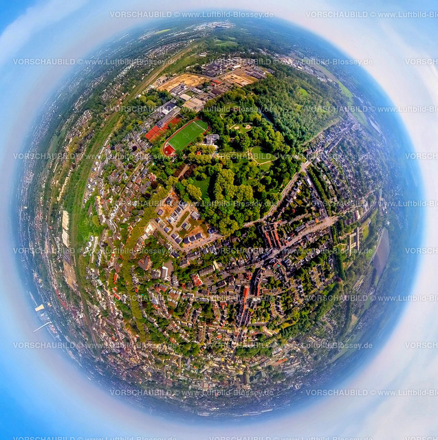 Herne240590008StadtparkHerne | Luftbild, Stadtgarten Stadtpark mit Sportplatz und Tennisanlage Vinckestraße, Gewerbegebiet Am Trimbuschhof, Erdkugel, Fisheye Aufnahme, Fischaugen Aufnahme, 360 Grad Aufnahme, tiny world, little planet, fisheye Bild, Sodingen, Herne, Nordrhein-Westfalen, Deutschland