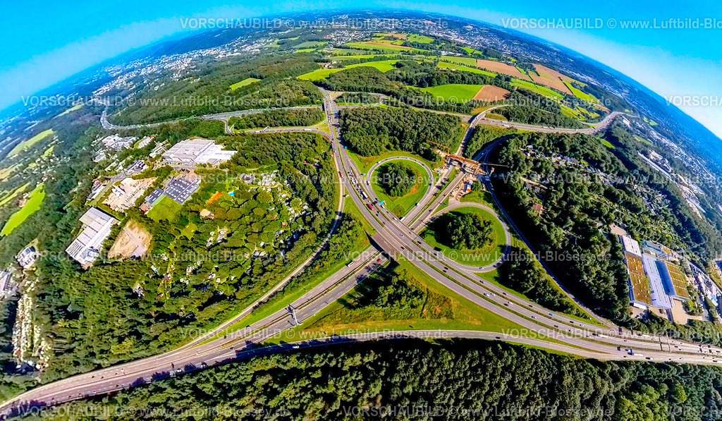 Sprockhoevel240890638Hasslinghausen_A1_A43_A46 | Luftbild, Autobahnkreuz Wuppertal-Nord, Autobahn A1 und A43 und A46, Neubau der Brücke Eichenhofer Weg, Wiesen und Felder, Erdkugel, Fisheye Aufnahme, Fischaugen Aufnahme, 360 Grad Aufnahme, tiny world, little planet, fisheye Bild, Halloh, Sprockhövel, Ruhrgebiet, Nordrhein-Westfalen, Deutschland