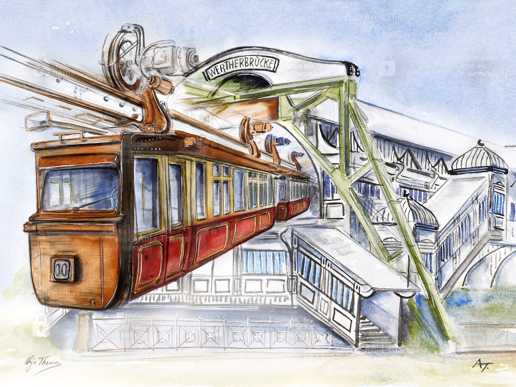 Kaiserwagen Wuppertal | Ein typisches Wuppertalmotiv als Stadtposter. Es stellt den historischen Kaiserwagen vor der Station Werther Brücke dar. - Realisiert mit Pictrs.com