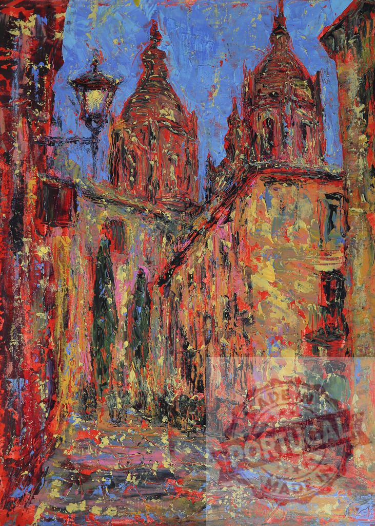 Colorful impasto painting of narrow street with church domes at sunset | Impasto oil painting depicting a picturesque narrow street leading to church domes, illuminated by warm sunset light - Realized with Pictrs.com