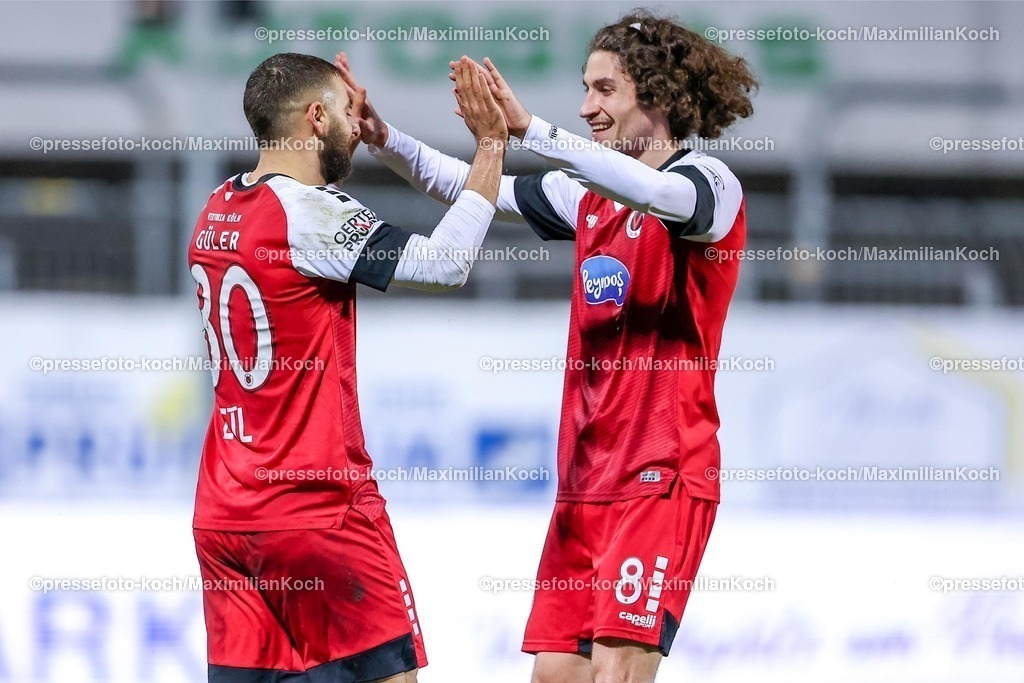 FCVK24012501016 | 24.01.2025, Fußball, FC Viktoria Köln – SV Waldhof Mannheim 07, 3.Liga, Sportpark Höhenberg, Saison 2024 2025: Torschütze Serhat-Semih Güler (Viktoria Köln #30) verwandelt den Elfmeter zum 1:0 Tor. Torjubel Jubel Jubelnd zusammen mit Donny Bogicevic (Viktoria Köln #8)DFB regulations prohibit any use of photographs as image sequences and or quasi-video.
