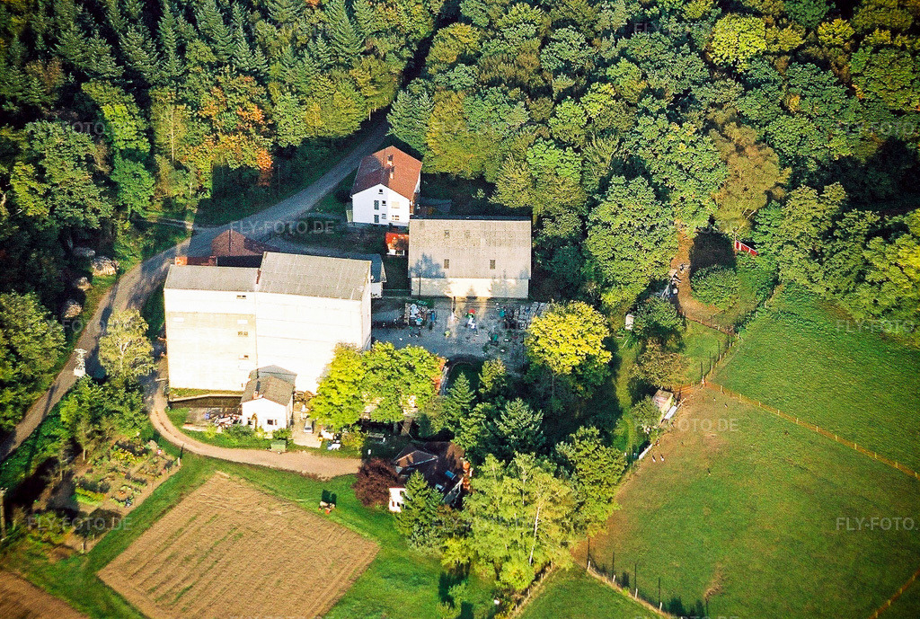 Luftbild: Historische Wassermühle am Gehöft eines Bauernhofes zwischen Wald und Wiesen in Minfeld im Bundesland Rheinland-Pfalz in Deutschland. Foto: NEG564329.jpg vom 21.10.2005 durch Werner Riehm/FLY-FOTO.de