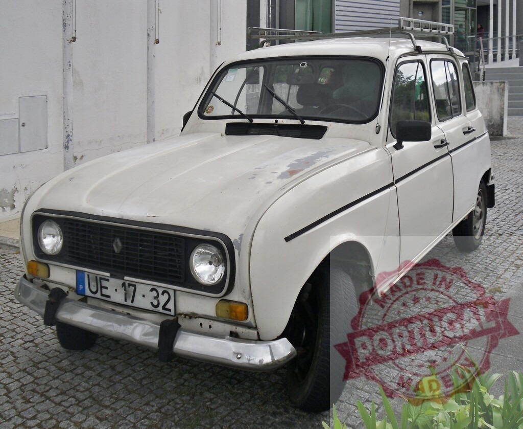 White Renault 4 vintage classic car parked on cobblestone | White old Renault 4 classic car parked on a cobblestone street - Realized with Pictrs.com