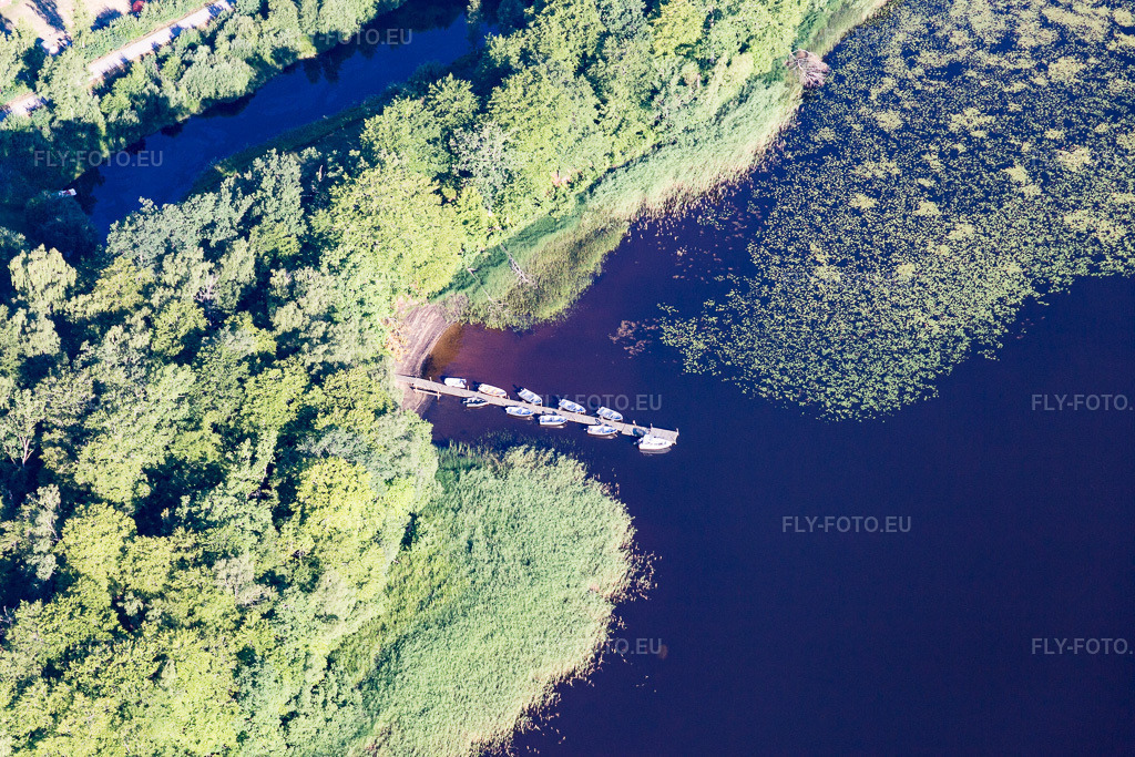 Vue aérienne: Les rives du lac Åsnen (Småland), aux eaux couleur lande, avec ses nénuphars, sa rampe de mise à l'eau et sa zone de baignade, dans le comté de Tornein Kronobergs. à Lönashult dans le département Kronobergs län, Suède. Photo: IMG_108160.jpg prise le 28/06/2018 par Werner Riehm/FLY-FOTO.euRésolution de l'original: 5472 x 3648 px