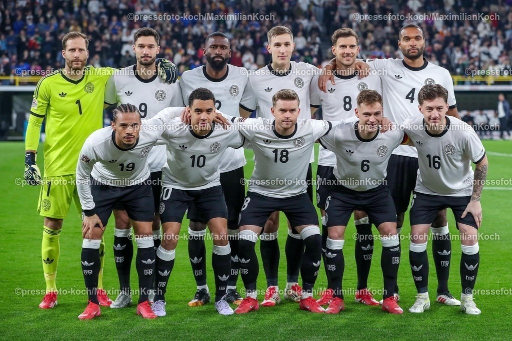 DFB23032501001 | 23.03.2025, Fußball, Viertelfinale UEFA Nations League, Deutschland - Italien, Signal Iduna Park, Saison 2024 2025: Startelf Mannschaftsfoto Gruppenbild Startmannschaft Hintere Reihe: Torwart Oliver Baumann (GER #01) Tim Kleindienst (GER #09) Antonio Rüdiger (GER #02) Nico Schlotterbeck (GER #15) Leon Goretzka (GER #08) Jonathan Tah (GER #04) Vordere Reihe Leroy Sane (GER #19) Jamal Musiala (GER #10) Maximilian Mittelstädt (GER #18) Joshua Kimmich (GER #06) Angelo Stiller (GER #16)DFB regulations prohibit any use of photographs as image sequences and or quasi-video.