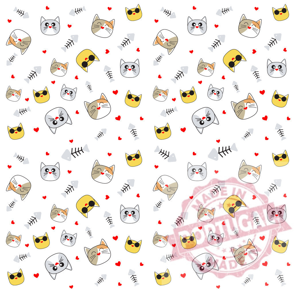 Cute cartoon cat faces and fish bones pattern. T-Shirt design | Seamless pattern featuring various cartoon cat faces, fish bones, and small hearts on a white background - Realized with Pictrs.com