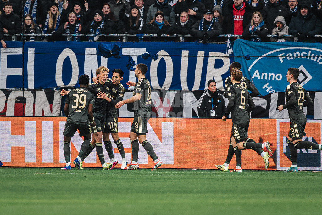 Fußball | Männer | Saison 2025/2026 | 1. Fußball-Bundesliga | 22. Spieltag | Hamburger SV vs. 1. FC Union Berlin | 14.02.2026 | Torjubel bei Union, Elfmeterschütze Leopold Querfeld (#14, 1. FC Union Berlin) in der Mitte