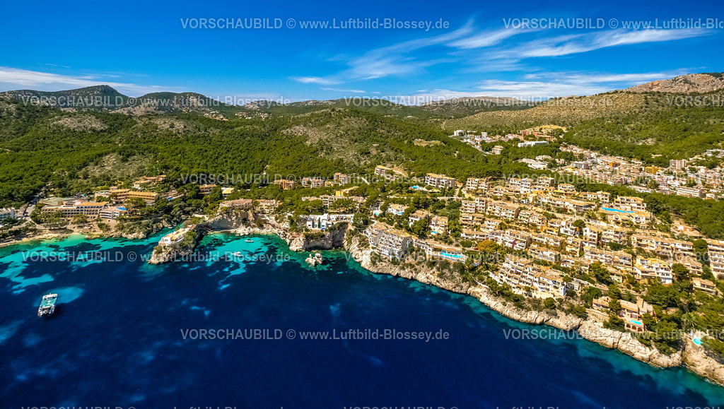 Mallorca230400174CalaFornells | Luftbild, Hotels und Ferienhäuser am Strand, Camp de Mar, blaues Meer, bewaldetes Gebirge, Andratx, Balearen, Mallorca, Balearische Inseln, Spanien