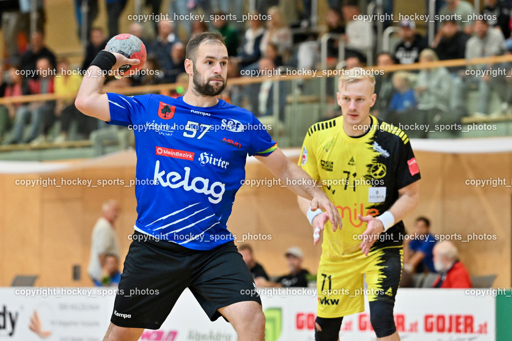 SC Ferlach vs. Bregenz Handball | #57 LEBAN Patrik SC Ferlach, #71 Schröder Andreas Bregenz Handball, SC Ferlach vs. Bregenz Handball, SC Ferlach vs. Bregenz Handball am 28.09.2024 in Ferlach (Ballspielhalle Ferlach), Austria, (Photo by Bernd Stefan)