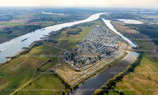 Wesel220805051Rheinniedrigwasser | Luftbild, Niedrigwasser des Rheins bei Wesel,  Campinginsel Grav, Feldmark, Wesel, Niederrhein, Nordrhein-Westfalen, Deutschland 