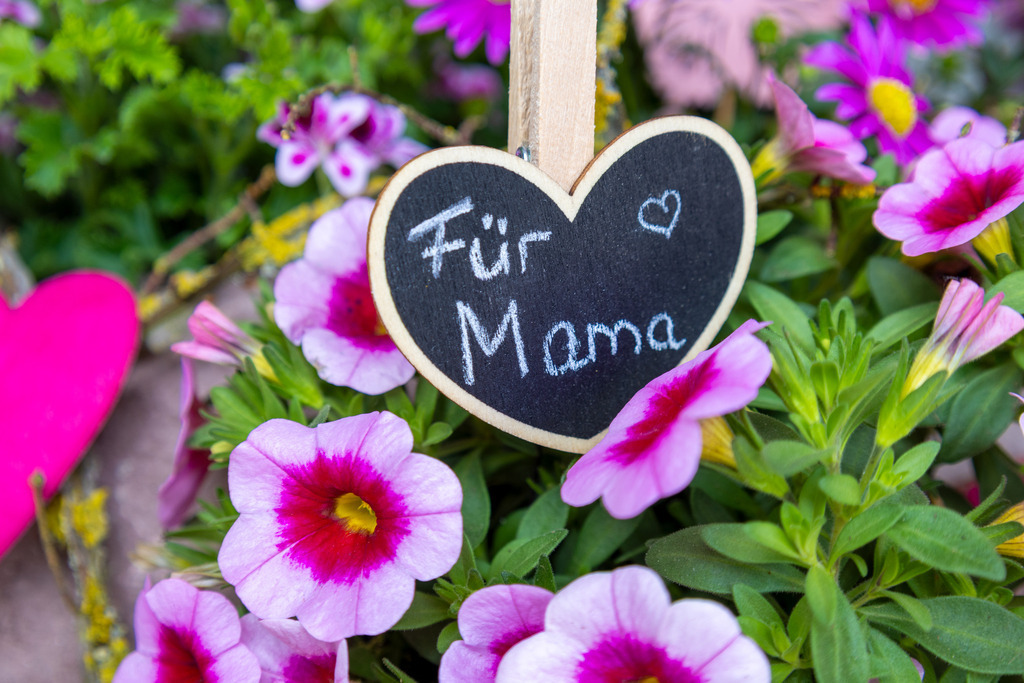 Für Mama: Muttertag 2026 | Muttertagsgrüße: Liebevoll dekoriertes Blumenarrangement mit einem herzförmigen Schild FÜR MAMA - Realisiert mit Pictrs.com
