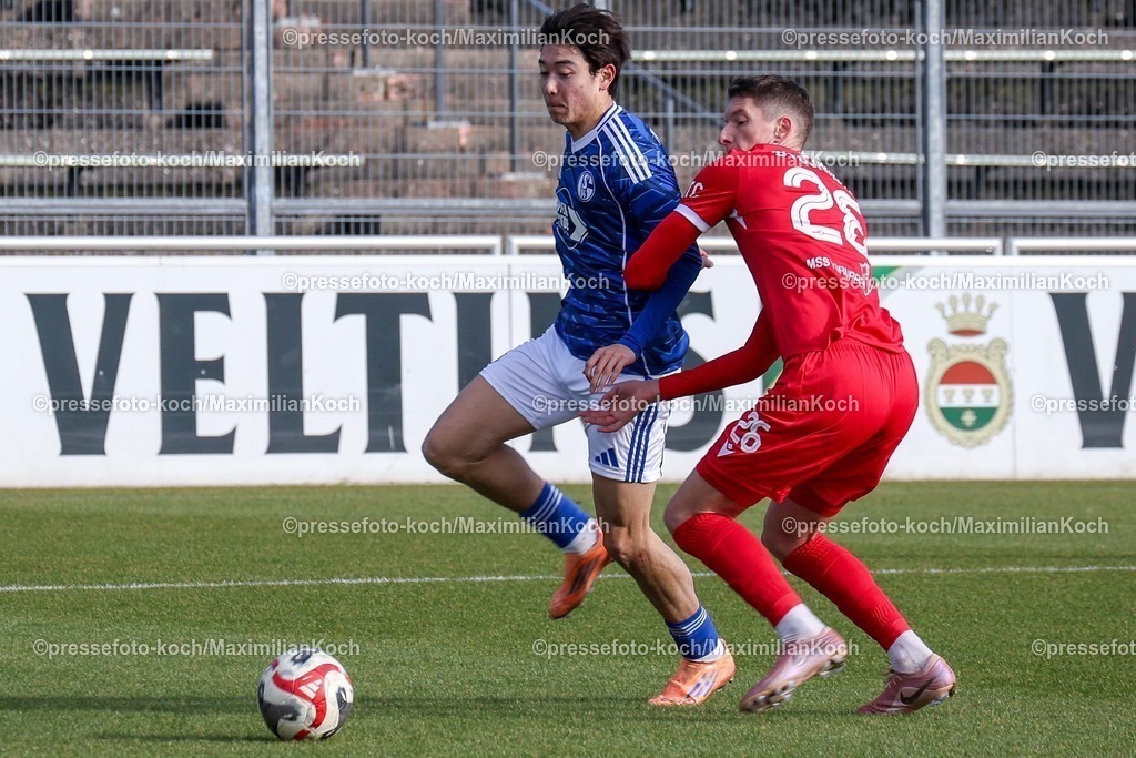 xSSCx15022601026 | 15.02.2026, xsscx, Herren Fussball, FC Schalke 04 U23 - Wuppertaler SV, Regionalliga West, 22. Spieltag, Parkstadion, Saison 2025 2026: In-gyom Jung (FC Schalke 04 #24) im Zweikampf gegen Marko Stojanovic (Wuppertaler SV #26) DFB regulations prohibit any use of photographs as image sequences and or quasi-video. Photo: xSandraxScherningxPressefotoKochx