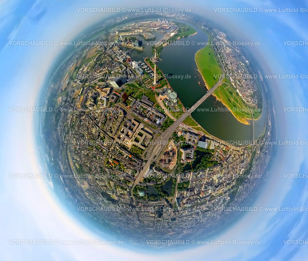 Duesseldorf240590059Fernsehturm_Landtag-NRW_Rhein_Medienhafen | Luftbild, Medienhafen am Fluss Rhein, Unternehmen Ansiedlung aus Medien, Kommunikation, Mode, Architektur, Kunst und Kultur, Rheinturm und Rheinpark Bilk, Erdkugel, Fisheye Aufnahme, Fischaugen Aufnahme, 360 Grad Aufnahme, tiny world, little planet, fisheye Bild, Hafen, Düsseldorf, Nordrhein-Westfalen, Deutschland