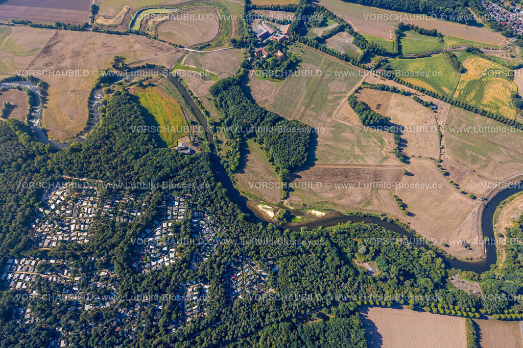 Olfen220805850LippeVogelsang | Luftbild, Fluss Lippe Mäander, Lippeschleife, Waldferiendorf Eversum, Fluss- und Auenentwicklung der Lippe Vogelsang, Renaturierung, Stadtgrenze Olfen-Datteln, Olfen-Kirchspiel, Olfen, Ruhrgebiet, Nordrhein-Westfalen, Deutschland