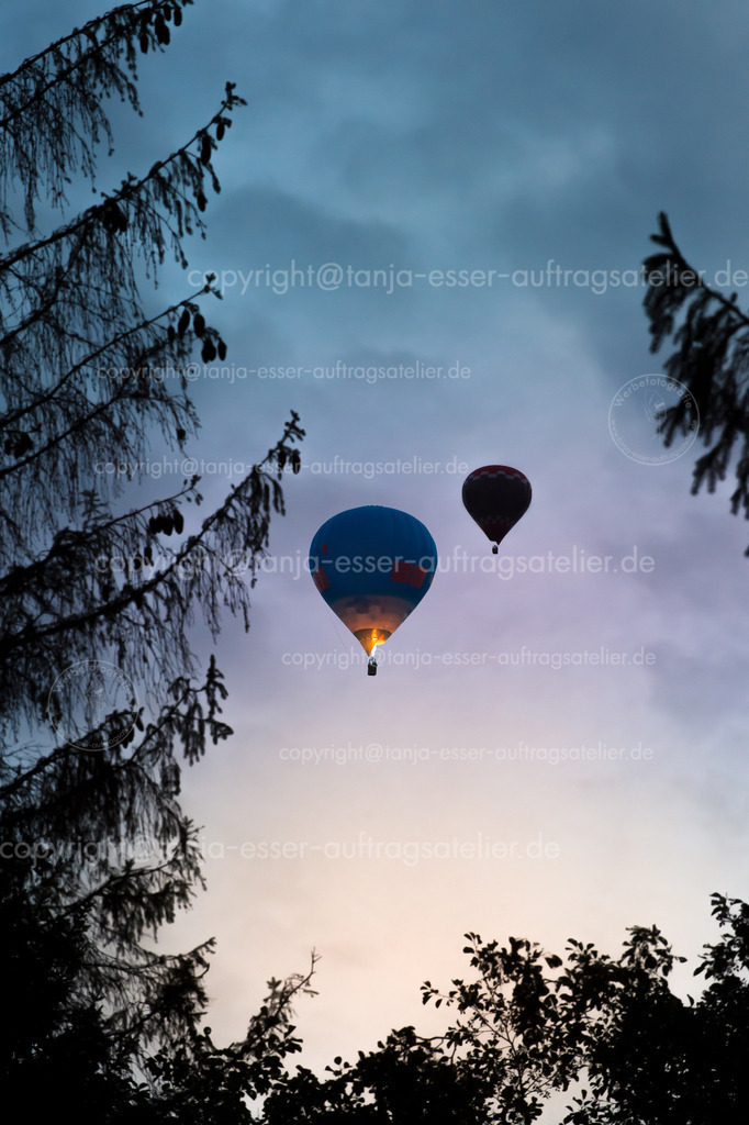 144 Ballon 4 | Zwei Heißluftballons schweben in den bewölkten Himmel. Es ist Abend. Im Vordergrund sind Äste als Silhouetten zu erkennen. 
