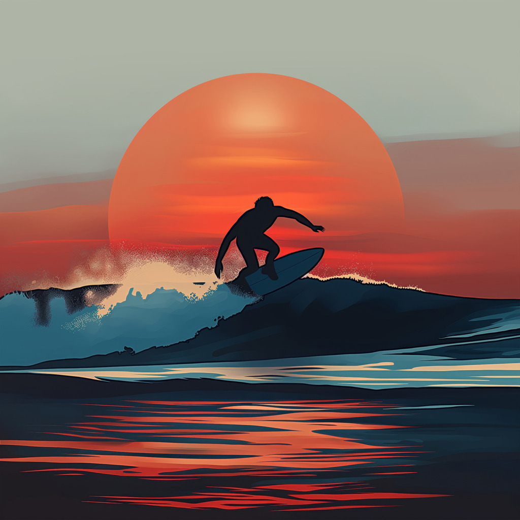 2406015 - Surfer im Abendrot | Ein Surfer vor einer roten Sonne im Stil einer Illustration.