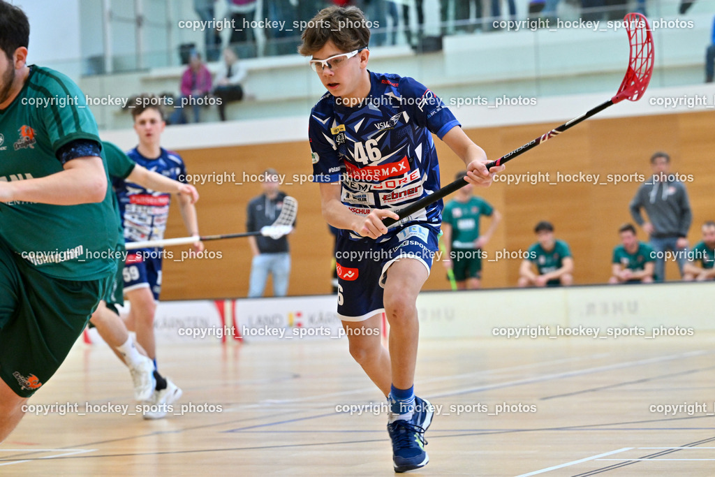 VSV Unihockey vs. FBC Dragons | #46 Elias Kronig VSV Unihockey, VSV Unihockey vs. FBC Dragons, VSV Unihockey vs. FBC Dragons am 22.12.2024 in Villach (Ballspielhalle St. Martin), Austria, (Photo by Bernd Stefan)