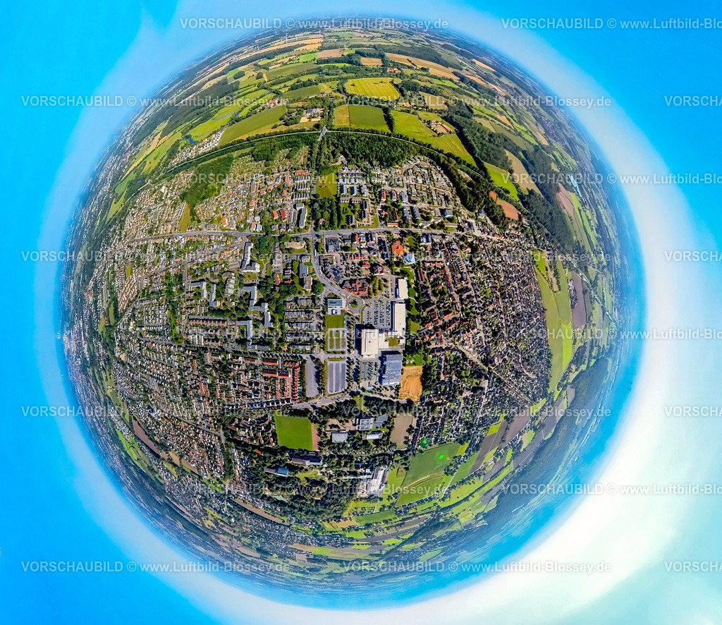 Hamm240890505Werries | Luftbild, Wohngebiet  Ortsteil Werries, Einkaufszentrum Ostwennemarstraße und Alter Uentroper Weg, Erdkugel, Fisheye Aufnahme, Fischaugen Aufnahme, 360 Grad Aufnahme, tiny world, little planet, fisheye Bild, Uentrop, Hamm, Ruhrgebiet, Nordrhein-Westfalen, Deutschland