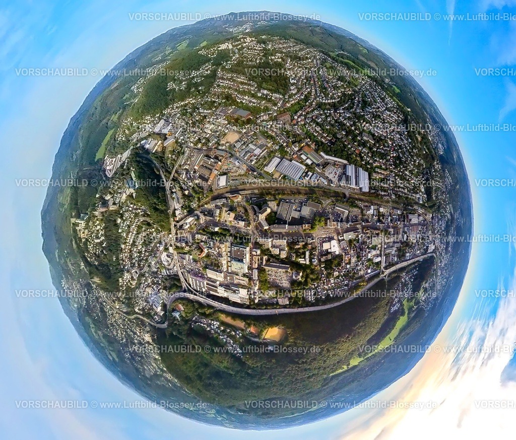 Siegen230990415Weidenau | Luftbild, Ortsansicht Ortsteil Weidenau, Gewerbegebiet Weidenauer Straße, Erdkugel, Fisheye Aufnahme, Fischaugen Aufnahme, 360 Grad Aufnahme, tiny world, Weidenau-West, Siegen, Sauerland, Nordrhein-Westfalen, Deutschland