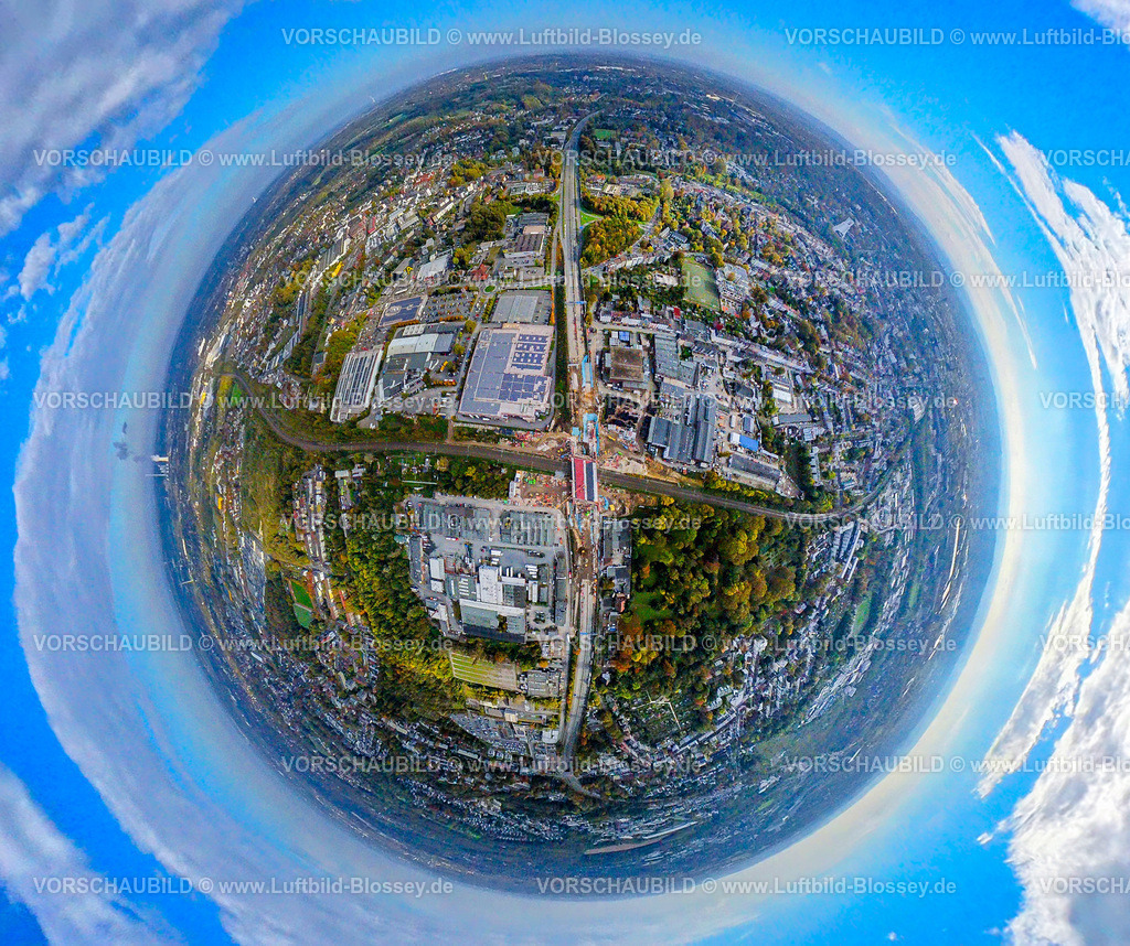 Bochum241090413A40SperrungFreudenbergstrasse | Luftbild, Vollsperrung der Autobahn A40 am Ersatzneubau und Brückenbau Schlachthofbrücke über die Bahnschienen am Schlachthof, Freudenbergstraße, Erdkugel, Fisheye Aufnahme, Fischaugen Aufnahme, 360 Grad Aufnahme, tiny world, little planet, fisheye Bild, Hamme, Bochum, Ruhrgebiet, Nordrhein-Westfalen, Deutschland