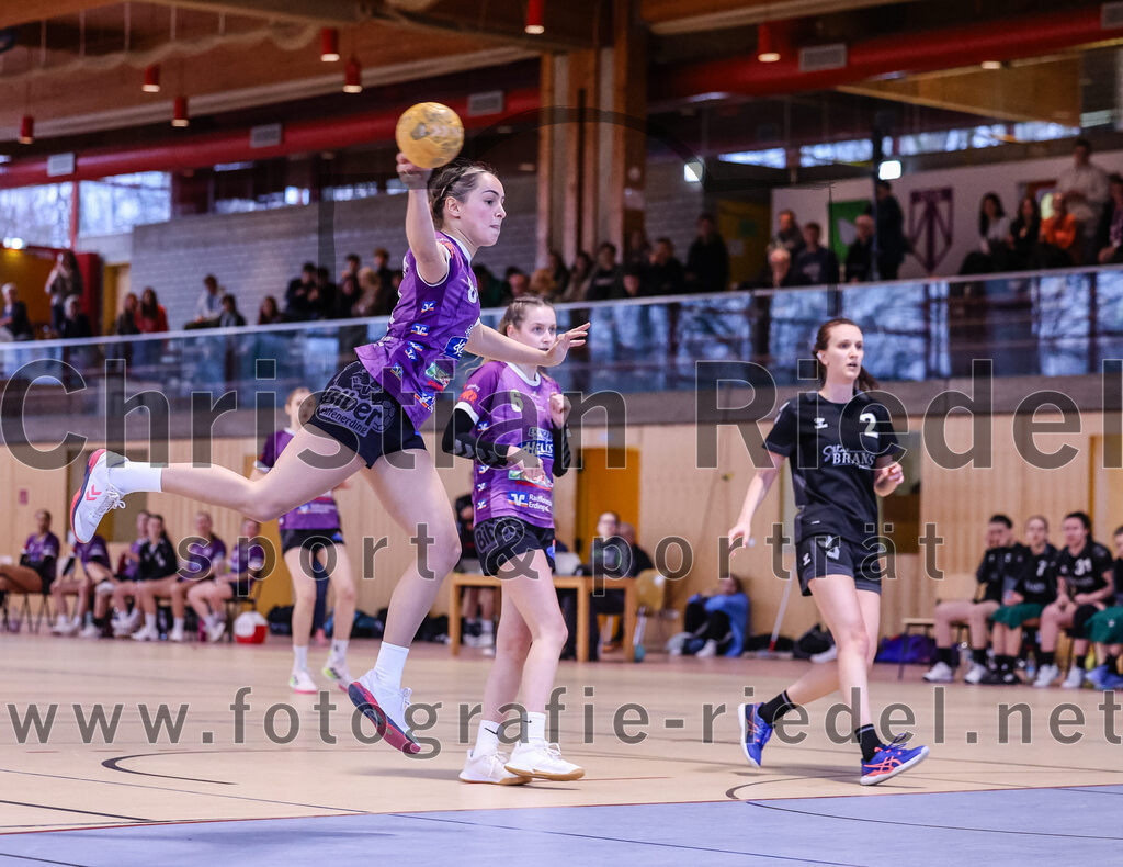 2024-12-14_050_SpVgg_Altenerding_gegen_SVA_Palzing | Erding, Deutschland, 14.12.2024:Handball, Bezirksoberliga Frauen Altbayern 2024 / 2024, 9. Spieltag, SpVgg Altenerding gegen SVA Palzing, Endergebnis: 20:30Lena Prem (SpVgg Altenerding, #8), Lena Graf (SpVgg Altenerding, #6), Anja Schmidt (SVA Palzing, #2)Foto: Christian Riedel / fotografie-riedel.net