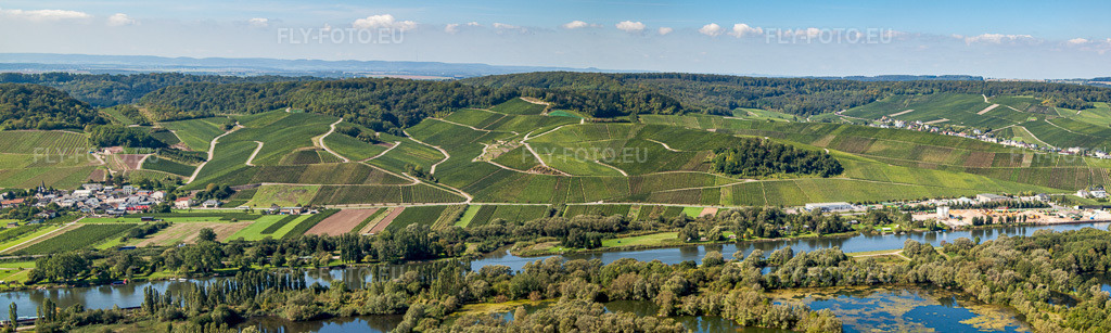 Vue aérienne: Panorama - zones riveraines en perspective sur la Moselle sous les vignes de Wellesteen dans le quartier de Gréiwemaacher à Wellenstein dans le département Remich, Luxembourg. Photo: IMG_33726-Bearbeitet.jpg prise le 11/09/2010 par Werner Riehm/FLY-FOTO.euRésolution de l'original: 10165 x 3048 px