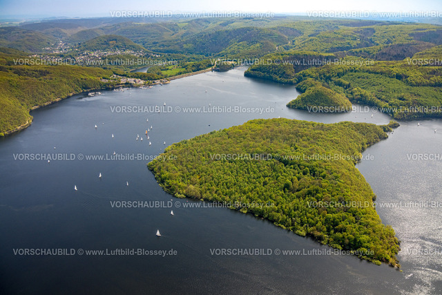 Heimrath240501777Rursee | Luftbild, Rursee mit Insel Eichert, Staumauer Rurtalsperre Schwammenauel und Rursee-Schifffahrt mit Segelbooten, Waldgebiet Hügel und Täler, Nationalpark Eifel, Hasenfeld, Heimbach, Nordrhein-Westfalen, Deutschland