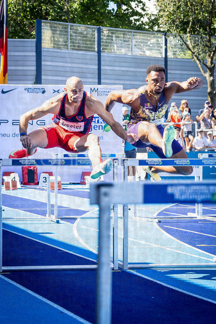 Multisport Event; Ratingen, 28.06.2026 | RATINGEN, GERMANY - JUNE 28, 2026 :  Dario Dester (ITA / Italy) and Leo Neugebauer (GER / Germany) competing in the 110m hurdles during the Multisport Event at Stadion Ratingen on June 28, 2026 in Ratingen, Germany.