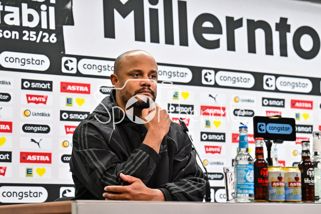FC St. Pauli - FC Bayern München | ST. PAULI, DEUTSCHLAND - 11. APRIL: im Bild Vincent KOMPANY Trainer FC Bayern München auf der Pressekonferenz / Einzelfoto / Freisteller nach dem Bundesligamatch zwischen dem FC St. Pauli und dem FC Bayern München am 29. Spieltag im Millerntor Stadion / DFL REGULATIONS PROHIBIT ANY USE OF PHOTOGRAPHS AS IMAGE SEQUENCES AND/OR QUASI-VIDEO