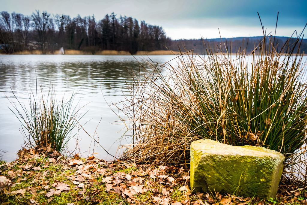 Stein der Ruhe - Gedern | Der Gederner See liegt wie eine stille Oase im Winterschlaf. Wo sonst der Lärm planschender Kinder die Umgebung füllt, hält abseits der Badesaison die Zeit an. Als Spiegelbild des grauen Himmels breitet sich die Wasseroberfläche vor den sporadischen Besuchern aus. Die Natur hält den Atem an und wartet reglos auf das kommende Erwachen. Denn selbst im tiefsten Winter schlummert unter der gläsernen Oberfläche bereits das Versprechen eines neuen Frühlings. - Realisiert mit Pictrs.com