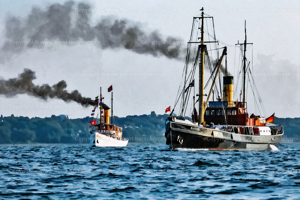 PDM2_0948_Schaarhoern_u_Bussard_150x100 | DIGITALKUNST. Dampfschiffe SCHAARHÖRN und BUSSARD. __ Der weiße Hamburger Peildampfer und der schwarze Tonnenleger BUSSARD im Abendlicht auf der Flensburger Förde. Gemeinsame Ausfahrt beim Dampfer- Festival " Flensburger Dampf - Rundum ". __ Seitenverhältnis = 3 zu 2 - Realisiert mit Pictrs.com