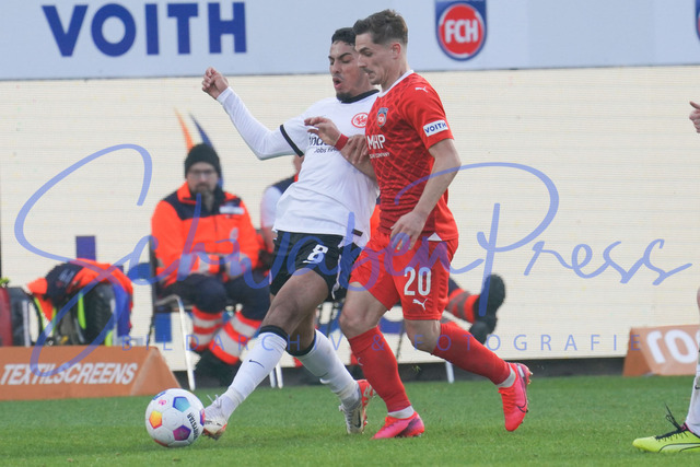 240224Ho1857 | Nikola Dovedan (FC Heidenheim), Fares Chaibi (Eintracht Frankfurt) - FC Heidenheim - Eintracht Frankfurt
Fussball Bundesliga, Saison 2023_24, 24. Spieltag, FC Heidenheim-Eintracht Frankfurt 
Deutschland, Heidenheim, Voith Arena, 02.03.2024

(DFL DFB REGULATIONS PROHIBIT ANY USE OF PHOTOGRAPHS as IAMGE SEQUENCES and or QUASI-VIDEO).

