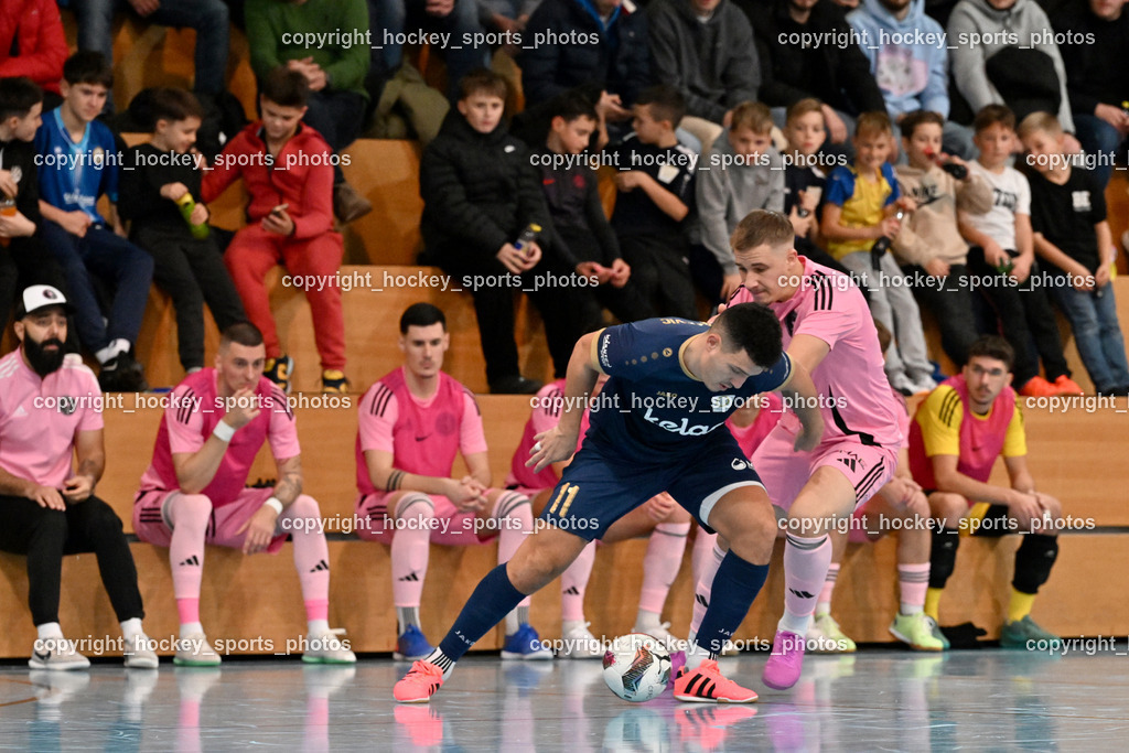 Carinthia Flamengo Futsal Club vs. Futsal Klagenfurt | #11 Saso Kovacevic Futsal Klagenfurt, #97 Leon Brisevac Carinthia Flamengo, Carinthia Flamengo Futsal Club vs. Futsal Klagenfurt, Carinthia Flamengo Futsal Club vs. Futsal Klagenfurt am 01.12.2024 in Klagenfurt (Ballspielhalle Viktring), Austria, (Photo by Bernd Stefan)
