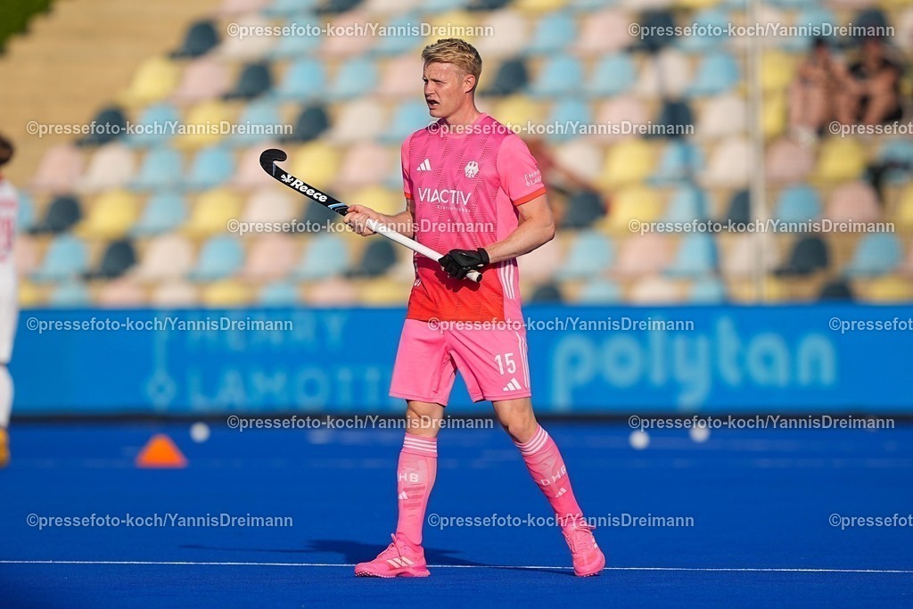 xydrx12082504021 | 12.08.2025, xydrx, Herren EuroHockey Championship 2025, Gruppenphase, Gruppe B, Deutschland - Polen, Sparkassenpark Mönchengladbach: Tom Grambusch (GER #15)