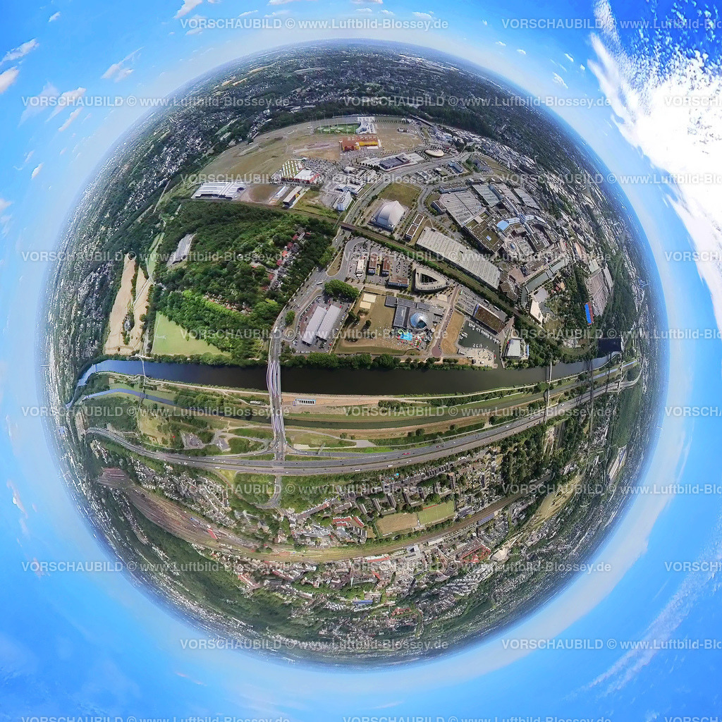 Oberhausen20220803_4NeueMitte | Luftbild, Westfield Centro Oberhausen, Einkaufszentrum Neue Mitte, Rhein-Herne-Kanal und Autobahn A42, Fisheye Aufnahme, Fischaugen Aufnahme, 360 Grad Aufnahme, Borbeck, Oberhausen, Ruhrgebiet, Nordrhein-Westfalen, Deutschland