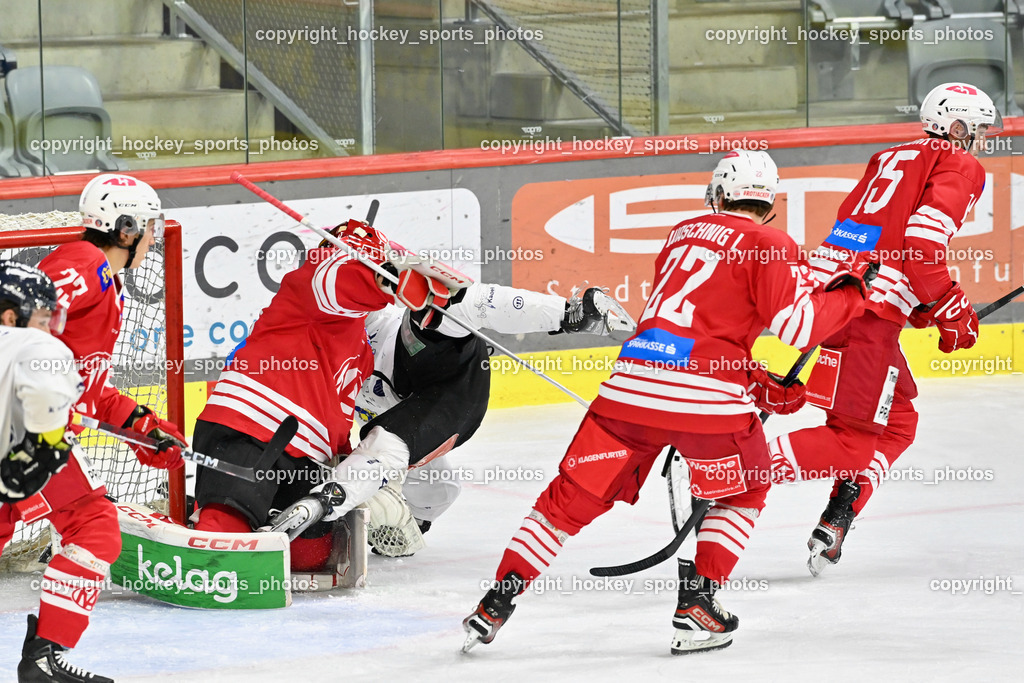 EC KAC Future Team vs. Die Adler Kitzbühl 7.10.2023 | #75 Kropiunig Ralf EC KAC FUTURE TEAM, #22 Waschnig Lukas EC KAC FUTURE TEAM, #15 Slibar Ozbe, EC KAC Future Team vs. Die Adler Kitzbühl 7.10.2023, EC KAC Future Team vs. Die Adler Kitzbühl am 07.10.2023 in Klagenfurt (Messehalle Klagenfurt), Austria, (Photo by Bernd Stefan)