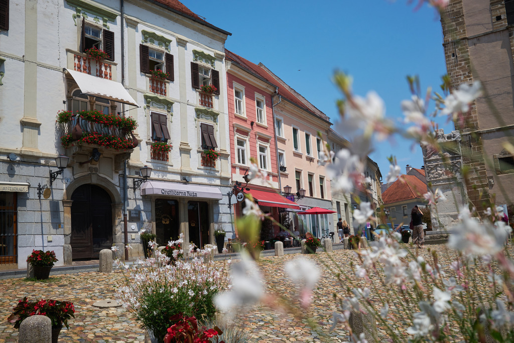 Saint George's Church mit Geschäftsstrasse | Ptuj, Slowenien - June 20, 2025: Saint George's Church mit Geschäftsstrasse. - Realisiert mit Pictrs.com