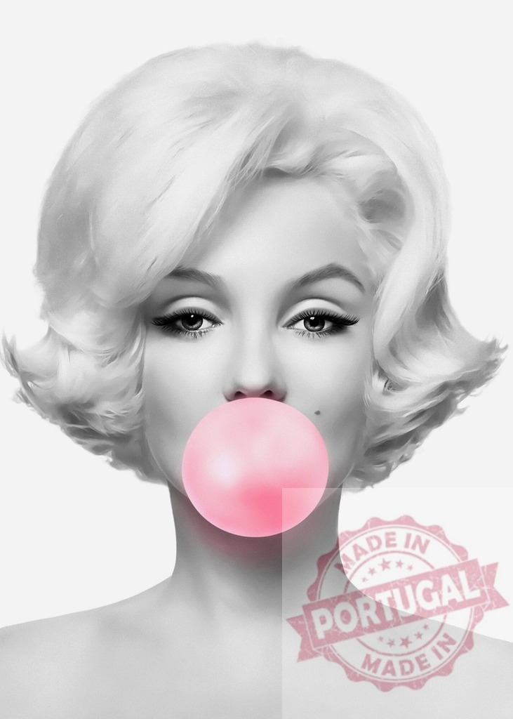 Marilyn Monroe blowing pink bubblegum pop art | Iconic American actress Marilyn Monroe with pink bubblegum, a monochrome selective color pop art portrait - Realisiert mit Pictrs.com