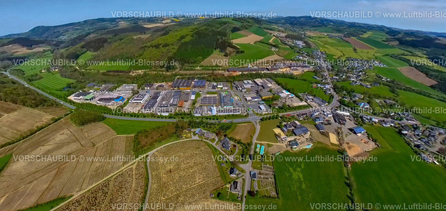 Eslohe240590286Bremke | Luftbild, Gewerbegebiet Im Wennetal, Bundesstraße B55, Wohngebiet Ortsansicht Ortsteil Bremke, 
Waldgebiet mit Wiesen und Feldern, Erdkugel, Fisheye Aufnahme, Fischaugen Aufnahme, 360 Grad Aufnahme, tiny world, little planet, fisheye Bild, , Eslohe, Sauerland, Nordrhein-Westfalen, Deutschland