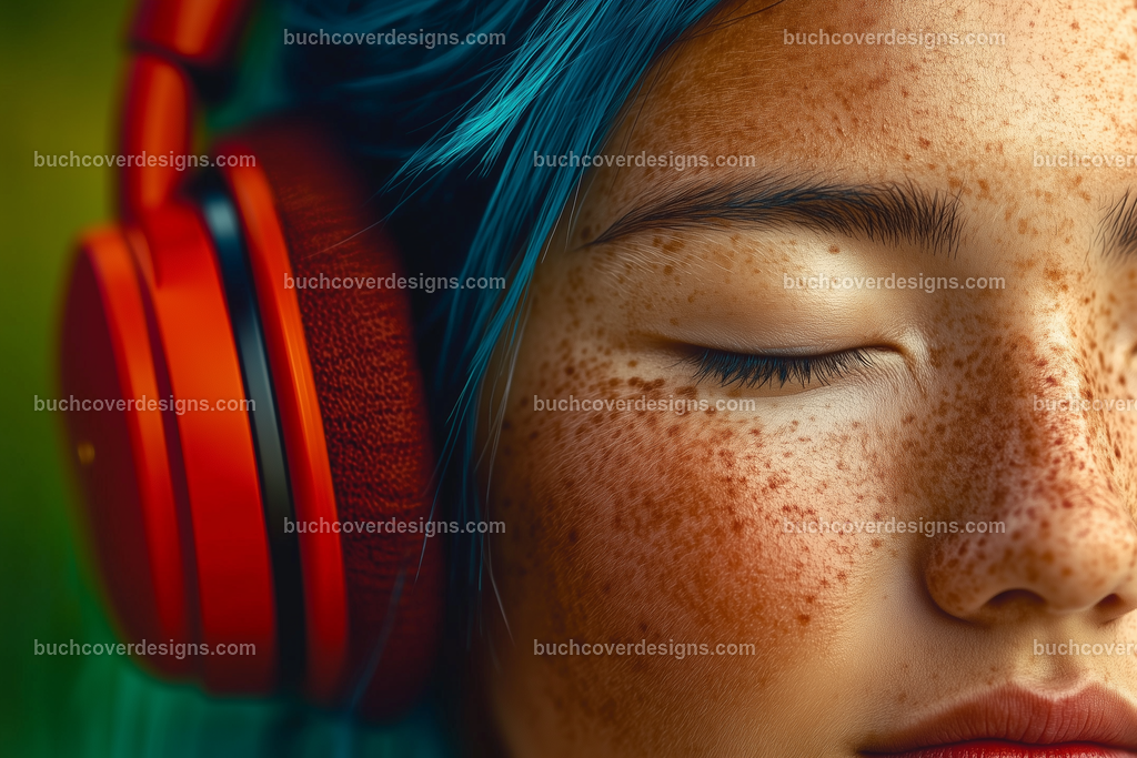 Gesicht einer Frau mit Kopfhörer (186) | face with blue colored hairs spread over the entire surface of the image, with a red headphone - close up - studio light - true strong colors - high detail --chaos 5 --ar 3:2 --stylize 50 --weird 200 --v 6.1 Job ID: 008434a9-69c7-4d9f-96ad-6c407a003f6e