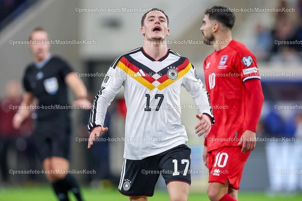 DFB14112501080 | 14.11.2025, Fußball, Länderspiel, WM-Qualifikation Europa, Deutschland - Luxemburg, Stade de Luxembourg (Croix de Gasperich, Luxemburg), 9. Spieltag, Saison 2025 2026: Florian Wirtz (GER #17) reagiert enttäuscht nach dem verschossenen Torschuss  Regulations prohibit any use of photographs as image sequences and or quasi-video.