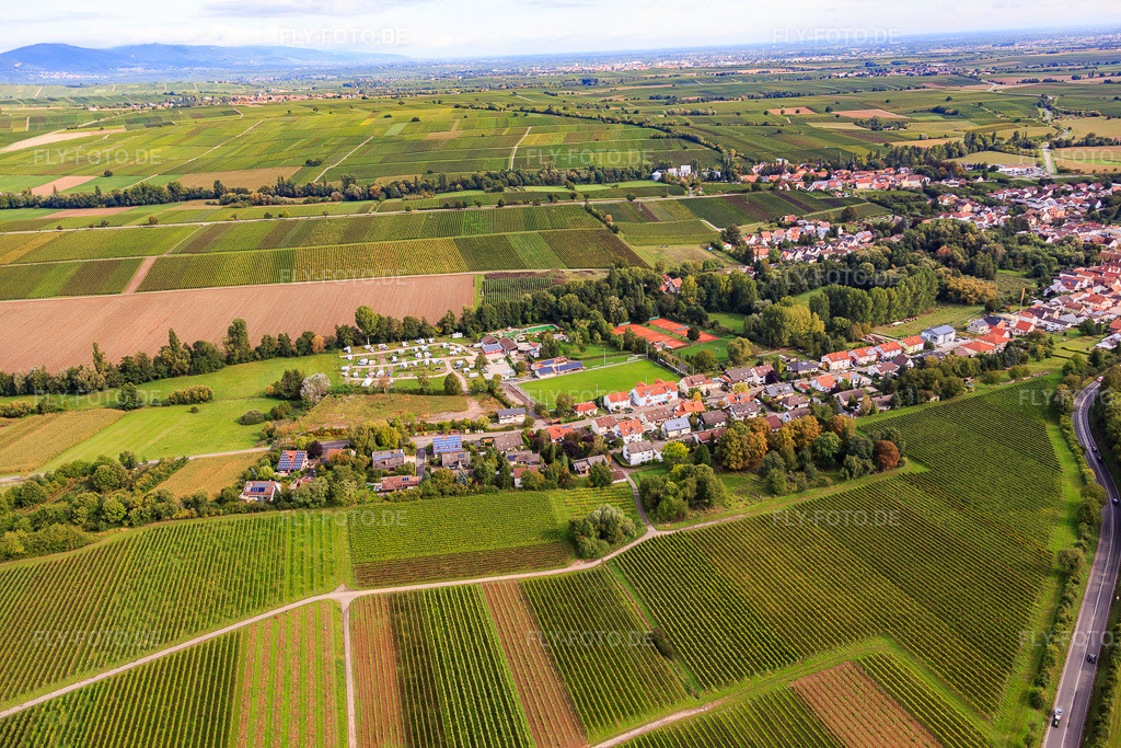 Luftbild: Sportplätze und Camping von Süden im Ortsteil Ingenheim in Billigheim-Ingenheim im Bundesland Rheinland-Pfalz in Deutschland. Foto: IMG_072566.jpg vom 19.09.2014 durch Werner Riehm/FLY-FOTO.deAuflösung des Originals: 5472 x 3648 pxStarten – CAMPING IM KLINGBACHTAL