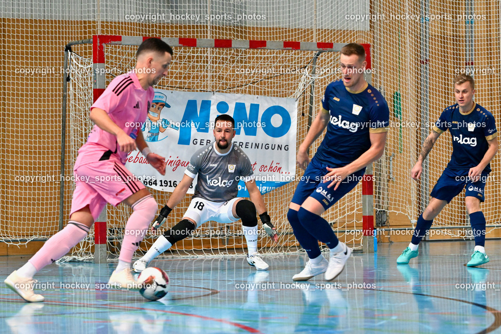 Carinthia Flamengo Futsal Club vs. Futsal Klagenfurt | #7 Enes Brdjanovic Carinthia Flamengo, #18 Vladimir Kajkut Futsal Klagenfurt, #9 Matic Lokovsek Futsal Klagenfurt, #7 Irnes Skoric Futsal Klagenfurt, Carinthia Flamengo Futsal Club vs. Futsal Klagenfurt, Carinthia Flamengo Futsal Club vs. Futsal Klagenfurt am 01.12.2024 in Klagenfurt (Ballspielhalle Viktring), Austria, (Photo by Bernd Stefan)