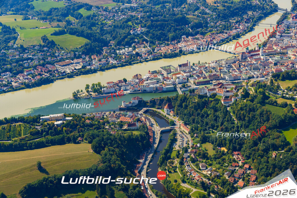 Luftaufnahme von Ilz Mündung Donau Passau Bild- Das Luftbild wurde 2025 vom UL-Flugzeug heraus erstellt ( keine Drohne ) - Hochauflösende Luftaufnahme -Nicht vergleichbar mit Google Maps oder Satelittenbilder- Die Geschenkidee !Mit Lizenz und Bildrechte bestellbar